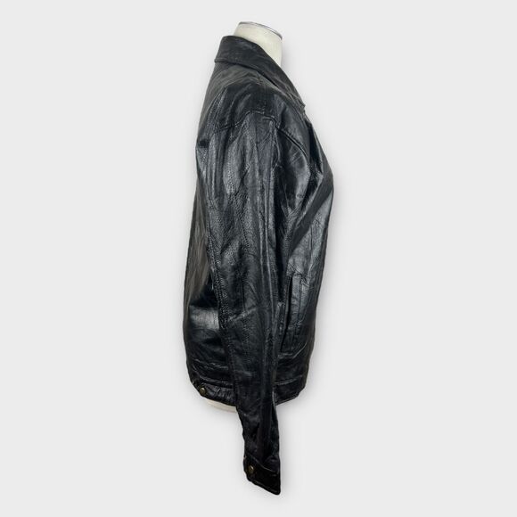 Vintage Leather & Soul Black Patchworked 90s Leather Zip-up Jacket Large Moto - Picture 2 of 10